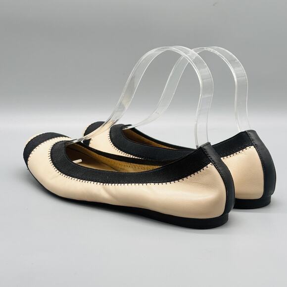 Stuart Weitzman Shoes Women 6.5 Beige Black Leather Ballet Flats Cap Toe Slip On - Picture 5 of 11